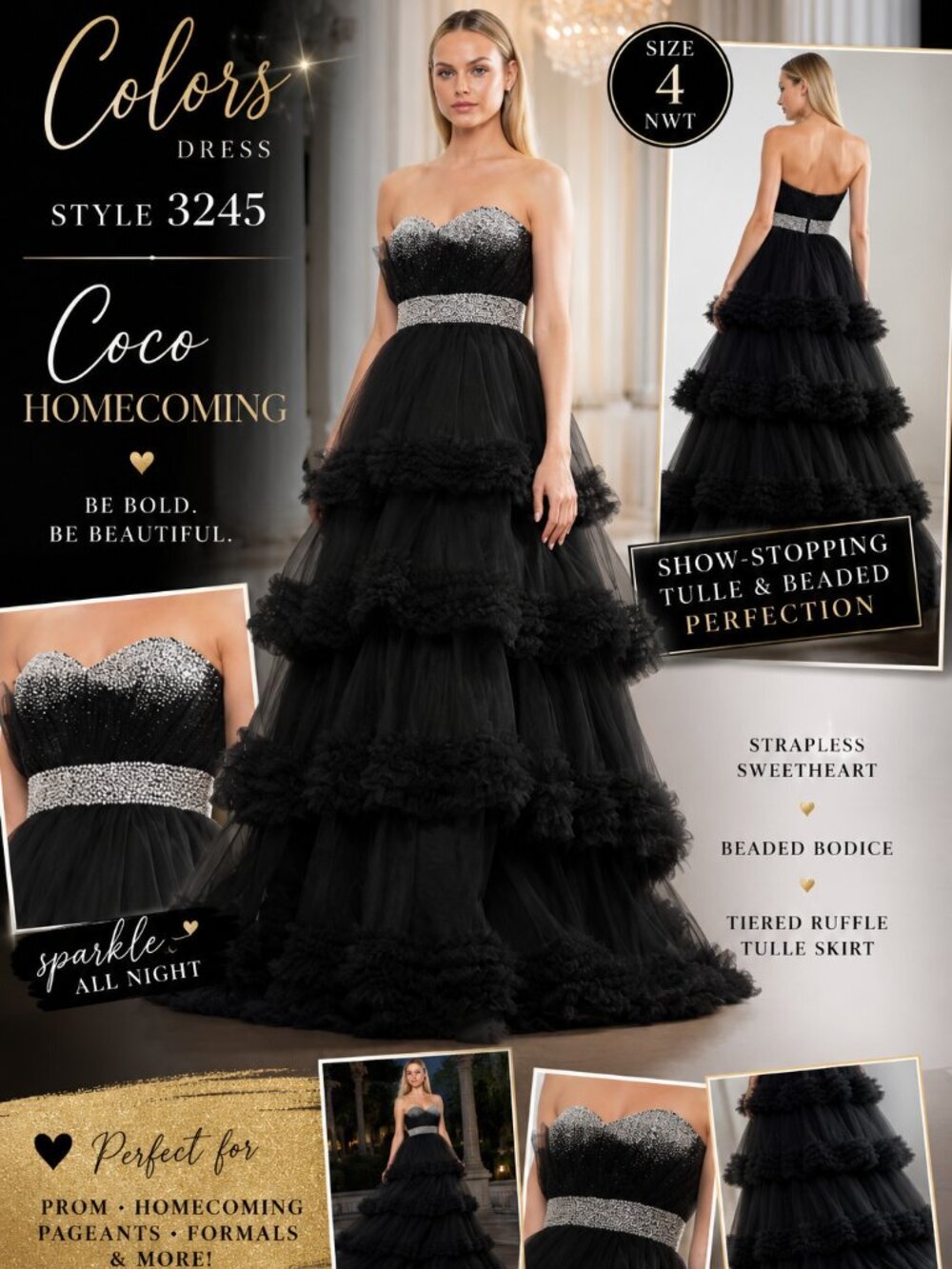 Colors Dress Black Strapless Beaded Princess homecoming Ball Gown Size 4 NWT - Picture 1 of 7